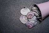 Clam shells spilling out of a metal bucket