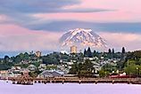 Mount Rainier over Tacoma Washington waterfront. 
