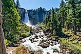 View of Nevada Mountains and Falls from the Mist Trail in Yosemite National Park, California. 