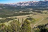 Beautiful valley mountain view with a winding dirt road in the Frank Church Wilderness of Idaho