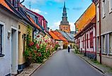 Traditional colorful street in Swedish town Ystad.