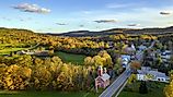 Aerial view of fall colors in Chester, Vermont.