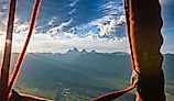 A hot air balloon view from Driggs, Idaho of the Grand Tetons.