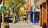 Shops, galleries and cafes line Main Street in the historic downtown area of Moscow, Idaho.