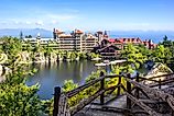 New Paltz, New York: Scenic view of Mohonk Mountain House and Mohonk Lake.