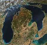 Lake Michigan and Lake Huron in fall. NASA Earth Observatory image by Michala Garrison