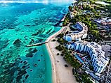 Aerial view of Montego Bay waterfront with hotel and beaches.