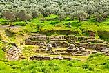 Ancient ruins remains in Peloponnese and olive tree garden of what was city state of Sparta