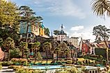 Scenic foliage and buildings in the town of Portmeirion in North Wales.
