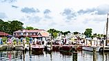 Boats on display at the annual Antique and Classic Boat Festival at the Chesapeake Bay Maritime Museum in St. Michaels, Maryland.
