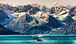 A whale breaches in an Alaskan bay.