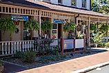 Dahlonega, Georgia: Hanging plants, wall decorations, and colorful signs create an inviting entrance to a business in the historic district, Editorial credit: Jen Wolf / Shutterstock.com