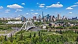 Edmonton's dynamic skyline and iconic Walterdale Bridge span the North Saskatchewan River. Editorial credit: Habanero Pixel / Shutterstock.com