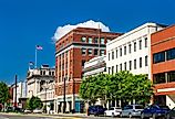View of Pittsfield's historic downtown in Massachusetts, featuring brick and stone commercial buildings.