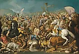 A classical battle scene depicting the Roman army during the Punic Wars, likely showing Scipio Africanus defeating Hannibal (c. 202 BCE).