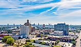 Aerial view of Beaumont, Texas, cityscape with modern and historic building.