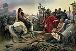 Vercingetorix, a Gallic chieftain, throws down his arms at the feet of Julius Caesar. Illustration by Lionel Royer.