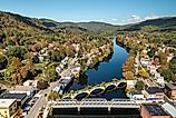 View of the picturesque town of Shelburne Falls, Massachusetts and it's scenic Bridge of Flowers.