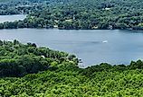 A view of Lake Waramaug from atop the pinnacle in Connecticut in the summertime.
