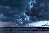 Dramatic storm clouds over the Duluth lighthouse on Lake Superior.