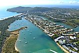 Aerial view of boats on the Noosa River in Noosa Heads, Queensland, Australia.