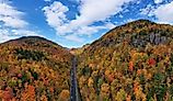 Aerial view of peak fall foliage in Keene, New York in upstate New York.