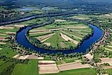 Oxbow lake with the village near the Sava River, Croatia.