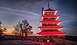 The Pagoda in Reading, PA lit up before dawn breaks in Berks County, PA.