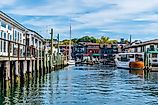 A view from a boat along moorings towards Bowens Wharf at Newport, Rhode Island