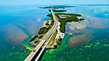 The Seven Mile Bridge in the Florida Keys runs along the line between the Gulf of Mexico and the Atlantic Ocean.