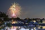 4th of July Fireworks showing homes along the historic waterfront, NH, USA. Image credit: Actium via Shutterstock