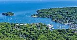 A view of the harbor in Camden, Maine from the summit of Mount Battie in Camden Hills State Park.