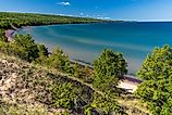 A high angle of Great Sand Bay of Lake Superior covered with greenery on Keweenaw peninsula, Michigan. 