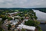 Aerial overhead landscape neighborhood in the small town historic New Hope Pennsylvania, view of Delaware River.
