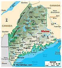 Physical Map of Maine. It shows the physical features of Maine including its mountain ranges, rivers and major lakes. 