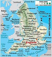 Physical Map of England. It shows the physical features of England, including mountain ranges, important rivers, and major lakes.