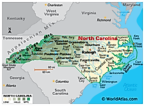 Physical Map of North Carolina. It shows the physical features of North Carolina including its mountain ranges, major rivers and lakes. 