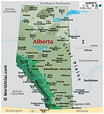 Physical Map of Alberta. It shows the physical features of Alberta, including mountain ranges, important rivers, major lakes, Great Plains and National Parks. 