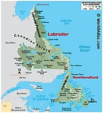Physical Map of Newfoundland and Labrador. It shows the physical features of Newfoundland and Labrador, including mountain ranges, significant rivers, and major lakes. 