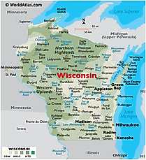 Physical Map of Wisconsin. It shows the physical features of Wisconsin including its mountain ranges, rivers and major lakes. 