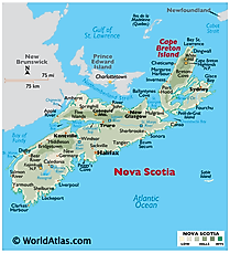 Physical Map of Nova Scotia. It shows the physical features of Nova Scotia, including mountain ranges, important rivers, and major lakes. 