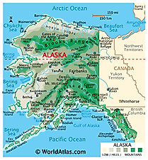 Physical Map of Alaska. It shows the physical features of Alaska including its mountain ranges, rivers and major lakes. 