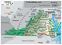 Physical Map of Virginia. It shows the physical features of Virginia including its mountain ranges, major rivers and lakes. 