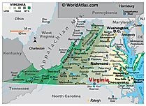 Physical Map of Virginia. It shows the physical features of Virginia including its mountain ranges, major rivers and lakes. 
