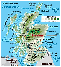 Physical Map of Scotland. It shows the physical features of Scotland, including mountain ranges, notable rivers and island groups. 
