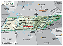 Physical Map of Tennessee. It shows the physical features of Tennessee including its mountain ranges, major rivers and lakes.