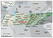 Physical Map of Tennessee. It shows the physical features of Tennessee including its mountain ranges, major rivers and lakes.