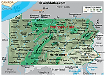 Physical Map of Pennsylvania. It shows the physical features of Pennsylvania including its mountain ranges and major rivers. 