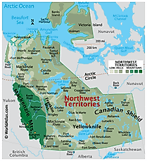 Physical Map of Northwest Territories. It shows the physical features of the Northwest Territories, including mountain ranges, important rivers, and major lakes.  