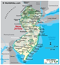 Physical Map of New Jersey. It shows the physical features of New Jersey including its mountain ranges, major rivers and lakes. 